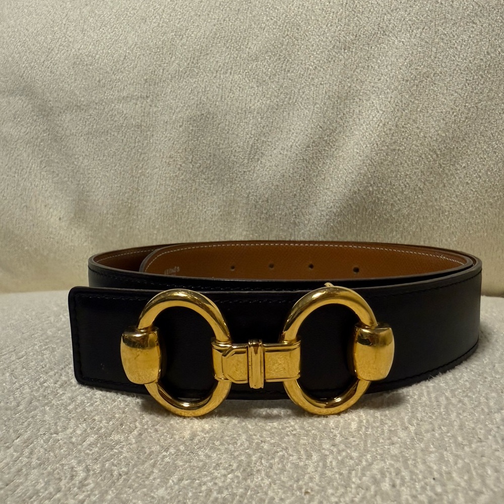 Hermes Reversible Black/Brown Horsebit Belt 80